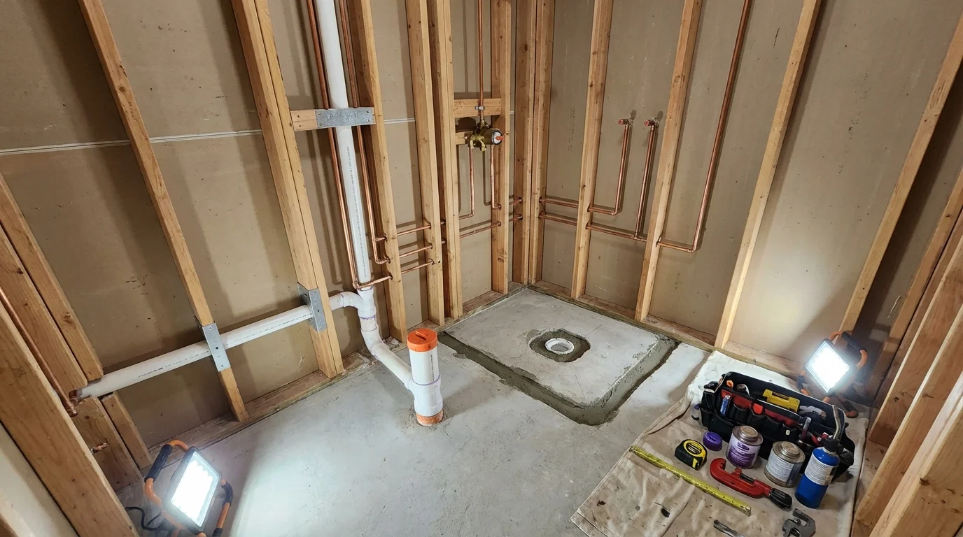 Bathroom rough-in plumbing during remodel by Johns Plumbing LLC in Jena