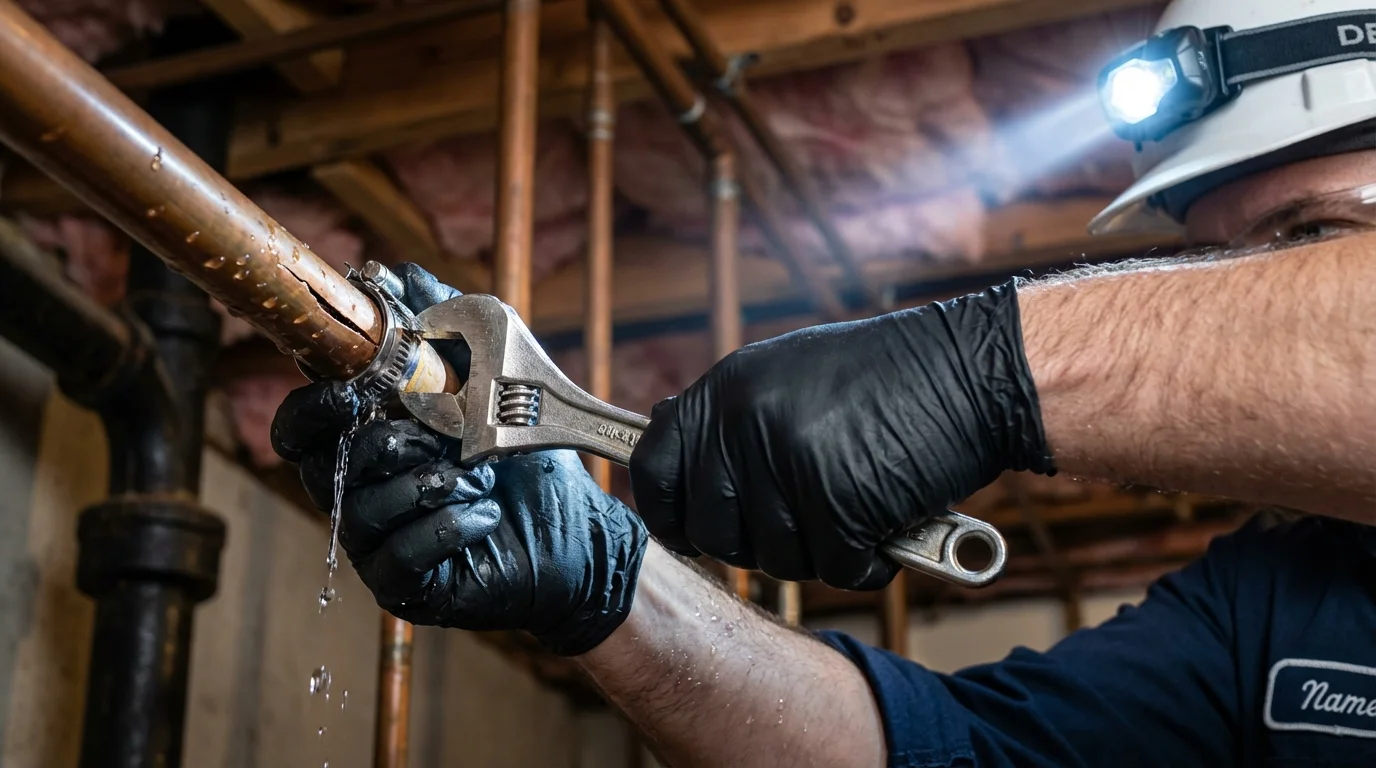 Emergency pipe clamp repair being performed by a Johns Plumbing LLC plumber in Jena