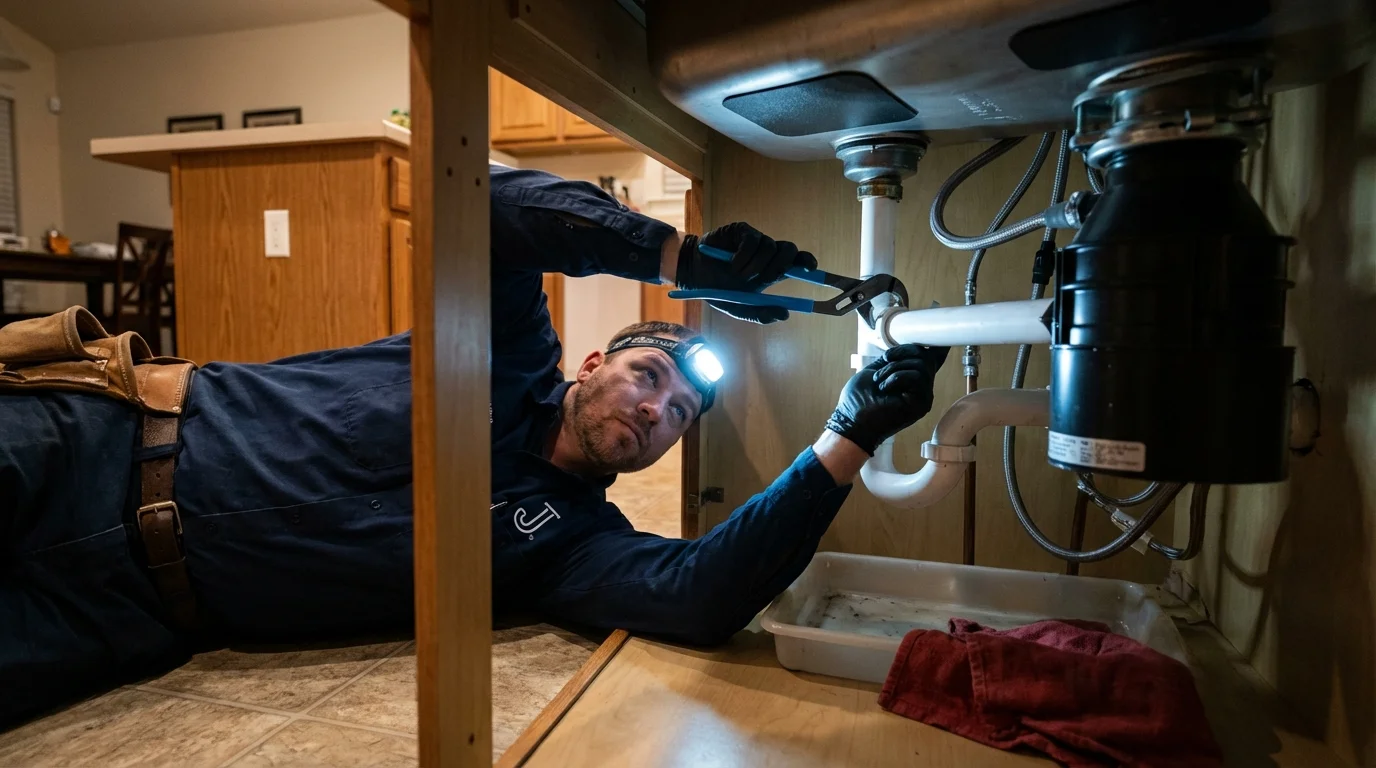 P-trap and supply line connections under a kitchen sink showing a common leak point in Jena, LA